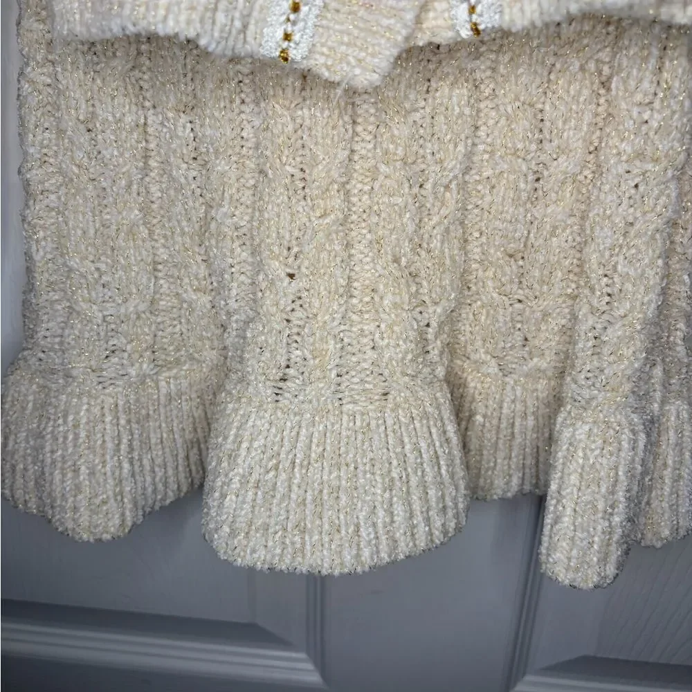 Badgley Mischka Cream Cable Knit Pearl Button Gold Metallic Sweater Set Girl 3T